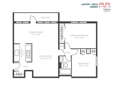 Floor plan for 2 beds, 1 bath, 730 sqft